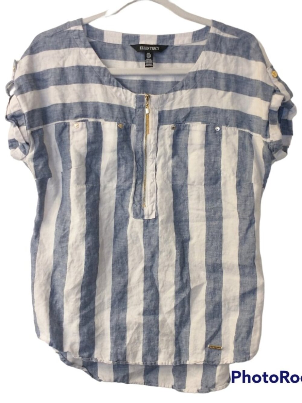 Woman's Ellen Tracy 100% Linen Blue and White Striped Short Sleeve Blouse Size S